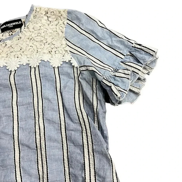 Karl Lagerfeld Blue Striped Lace Top Blouse L - Picture 2 of 4